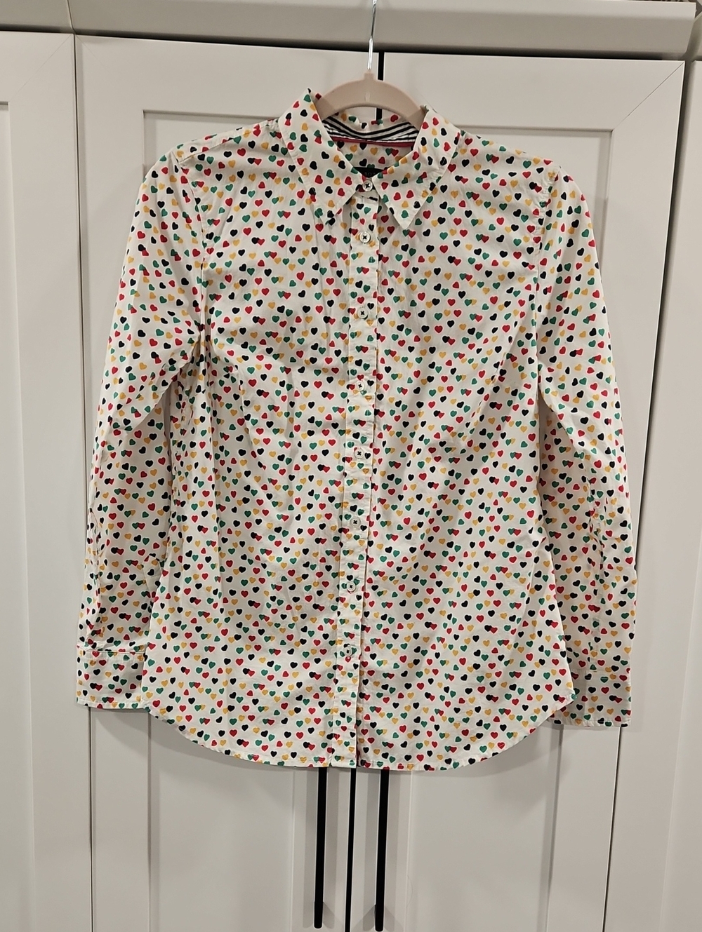 Talbots Beige Button Down Blouse With Multi Colored Heart Print.  100% Cotton.